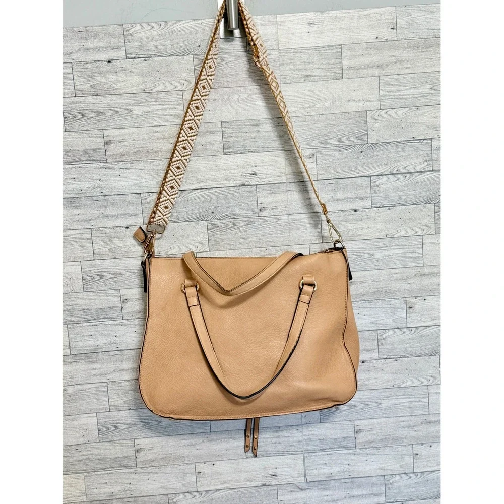 Sole Society Tan Vegan Leather Satchel Boho Whipstitch Woven Strap Crossbody Bag